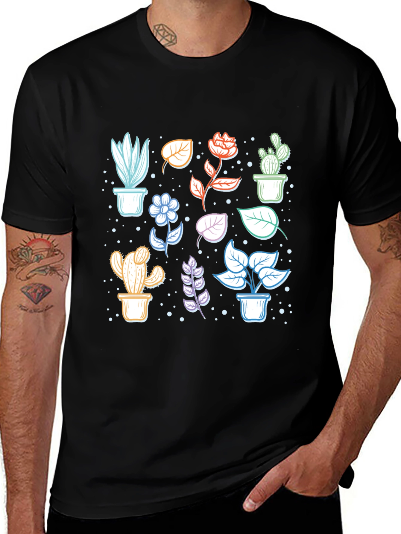 Botanical Plant Print Black T-Shirt