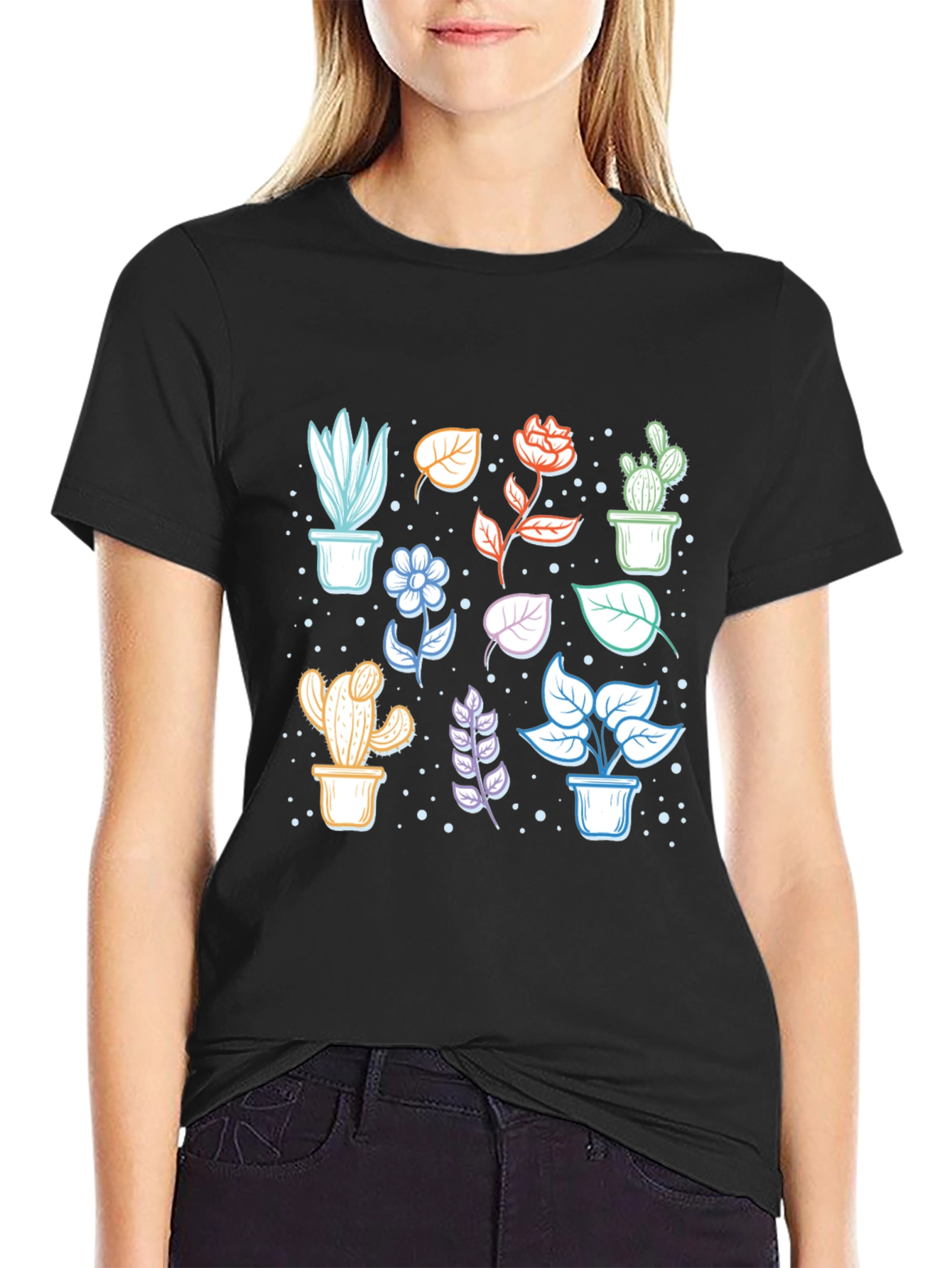 Botanical Plant Print Black T-Shirt