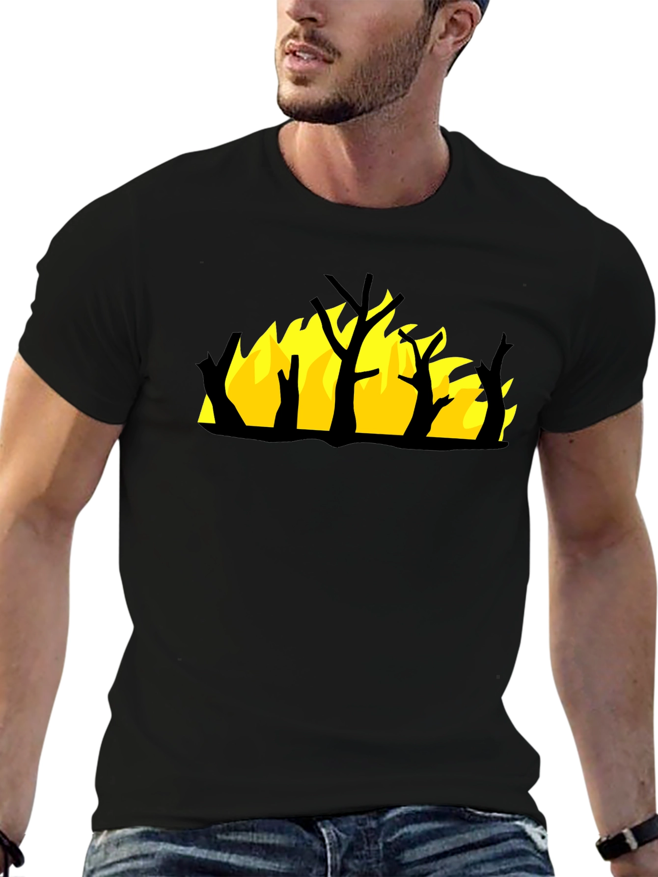 Burning Tree Graphic Tee - Black Cotton Shirt