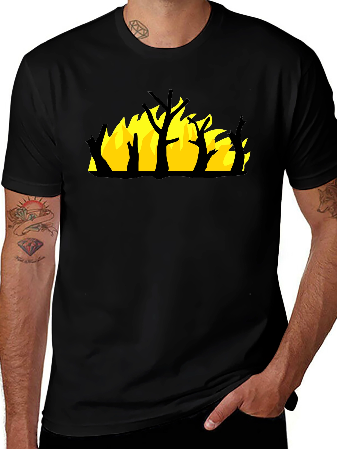 Burning Tree Graphic Tee - Black Cotton Shirt
