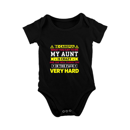 Funny Warning My Aunt Is Crazy Slogan Black Baby Onesie, Humorous Family Theme Infant Bodysuit