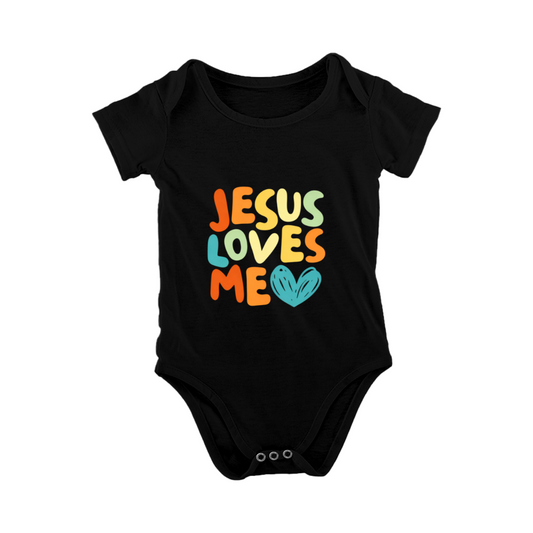 Colorful Jesus Loves Me Heart Faith Theme Black Soft Cotton Baby Print Onesie