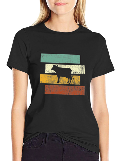 Retro Cow Graphic Tee - Black Cotton T-Shirt