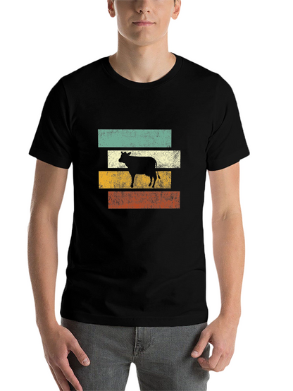 Retro Cow Graphic Tee - Black Cotton T-Shirt