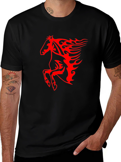 Mens Black T-Shirt with Fiery Red Horse Graphic