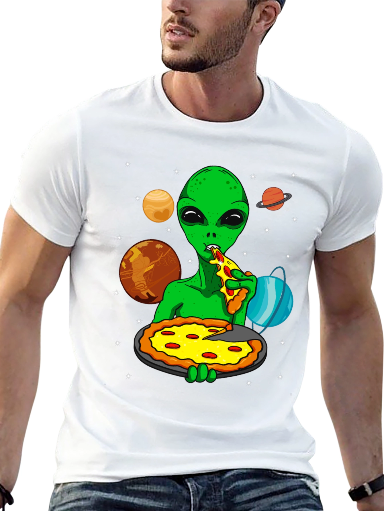 Alien Pizza Lover Graphic T-Shirt - Space Fun