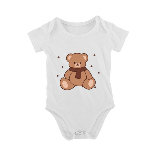 Cute Scarf Bear & Stars Print Soft Baby Short Sleeve Onesie, Newborn Daily Bodysuit