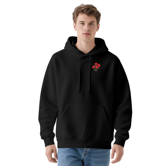 Tiny Red Rose Pocket Print Minimal Hoodie, Soft Everyday Comfort Wear