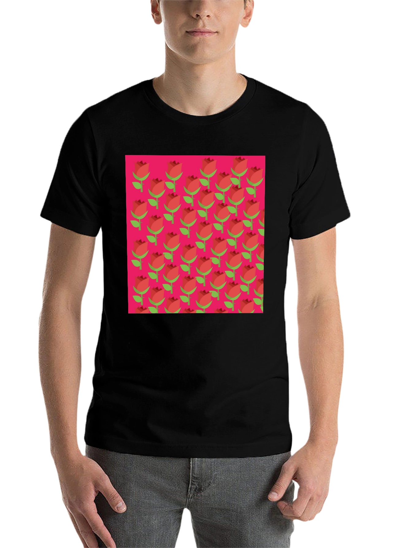 Retro Rose Pattern Tee - Black