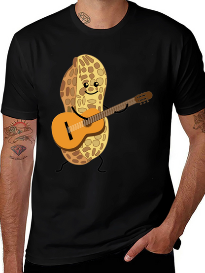 Playful Peanut Guitarist Graphic Tee - Black Cotton Shirt