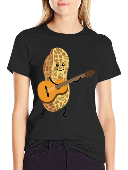 Playful Peanut Guitarist Graphic Tee - Black Cotton Shirt