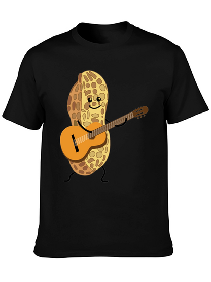 Playful Peanut Guitarist Graphic Tee - Black Cotton Shirt