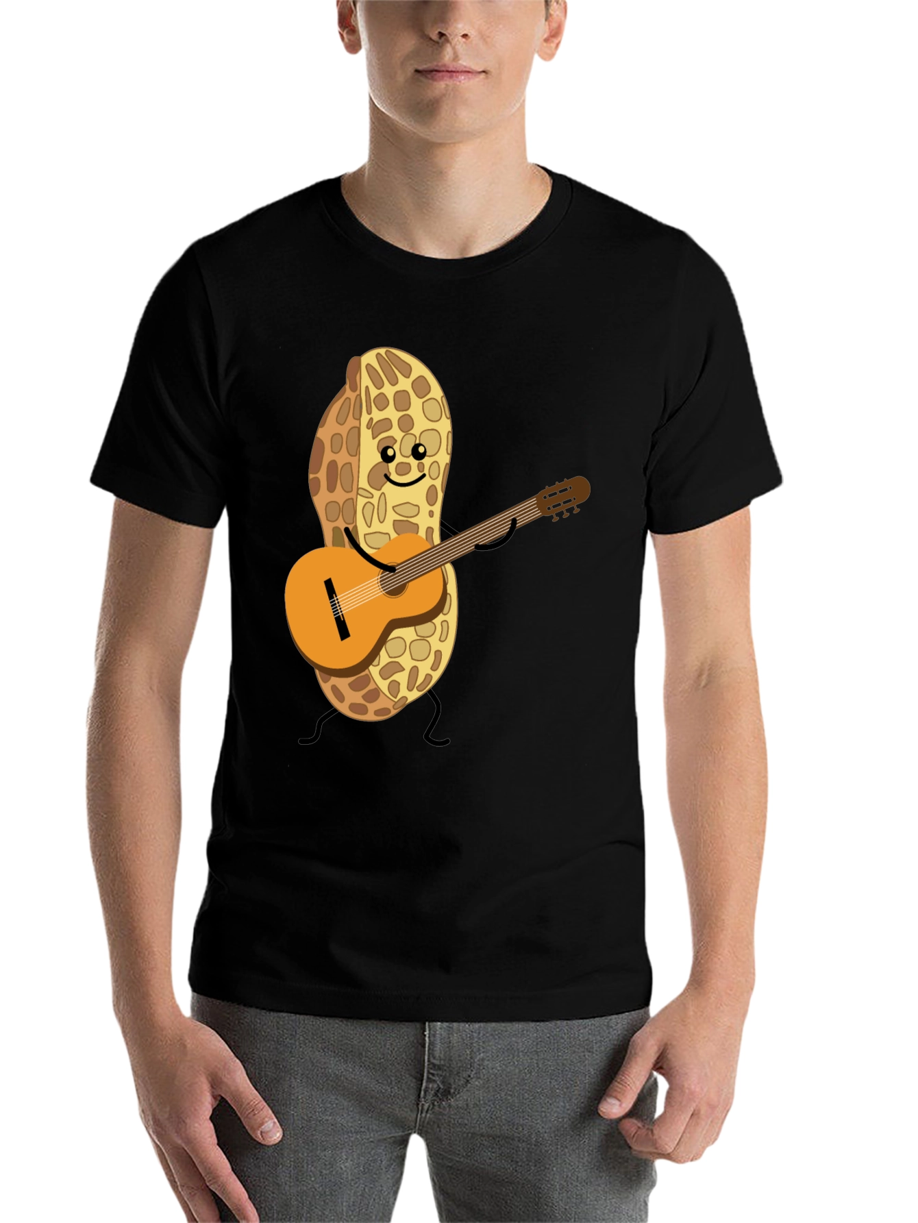 Playful Peanut Guitarist Graphic Tee - Black Cotton Shirt