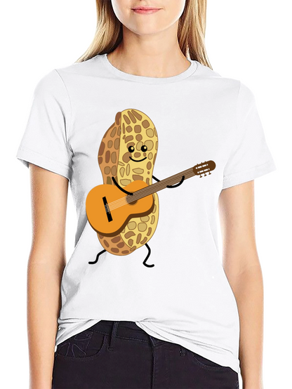Playful Peanut Guitarist Graphic Tee - Black Cotton Shirt