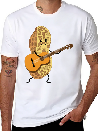 Playful Peanut Guitarist Graphic Tee - Black Cotton Shirt