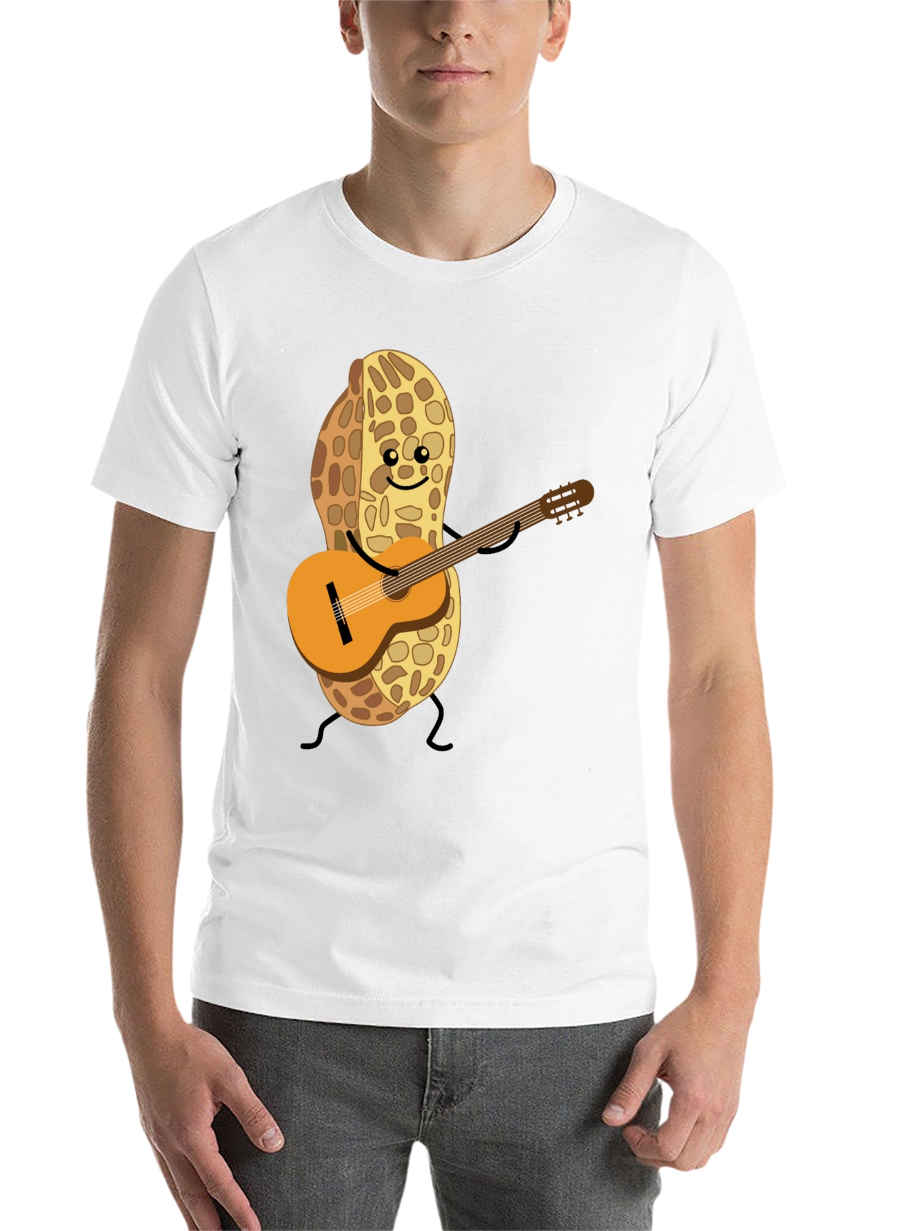 Playful Peanut Guitarist Graphic Tee - Black Cotton Shirt