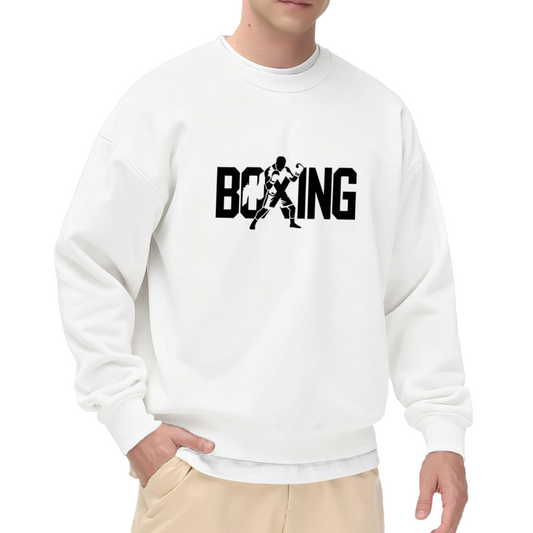 Boxing Fighter Silhouette Bold Letter White Crewneck Athletic Sweatshirt