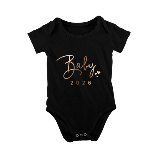 Minimalist Rose Gold Baby 2026 Heart Print Black Infant Announcement Romper
