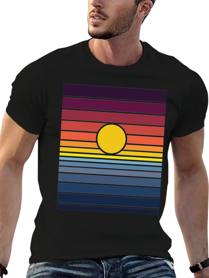Retro Sunset Graphic Tee - Black Cotton Blend T-Shirt