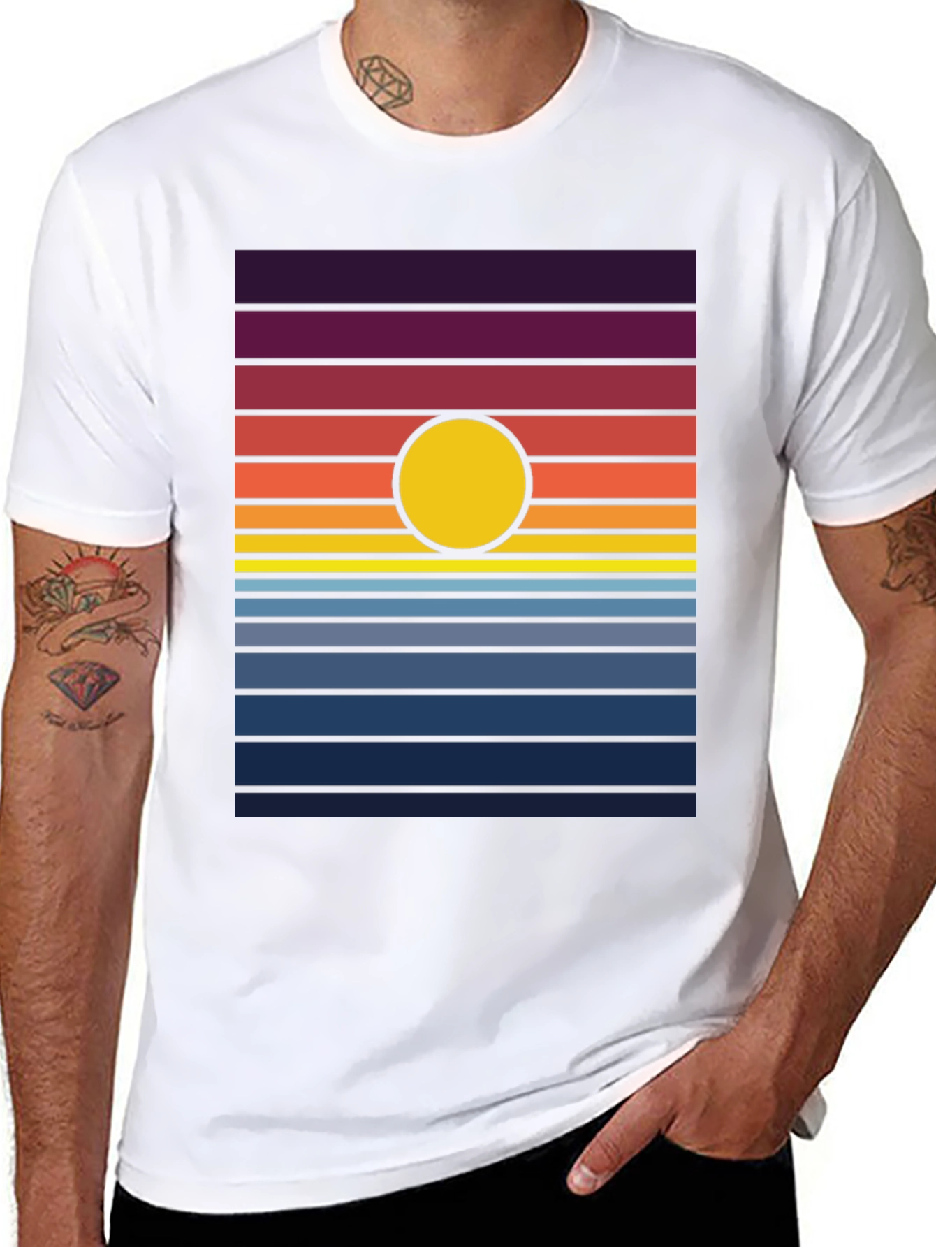 Retro Sunset Graphic Tee - Black Cotton Blend T-Shirt