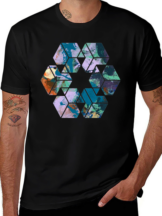 Abstract Hexagon Graphic Print Black Tee