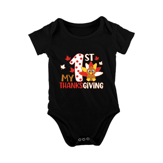 My 1st Thanksgiving Turkey Maple Leaf Print Black Holiday Newborn Onesie