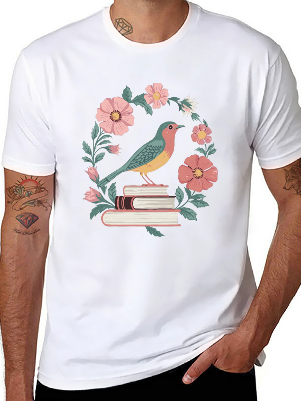 Bird on Books Floral T-Shirt