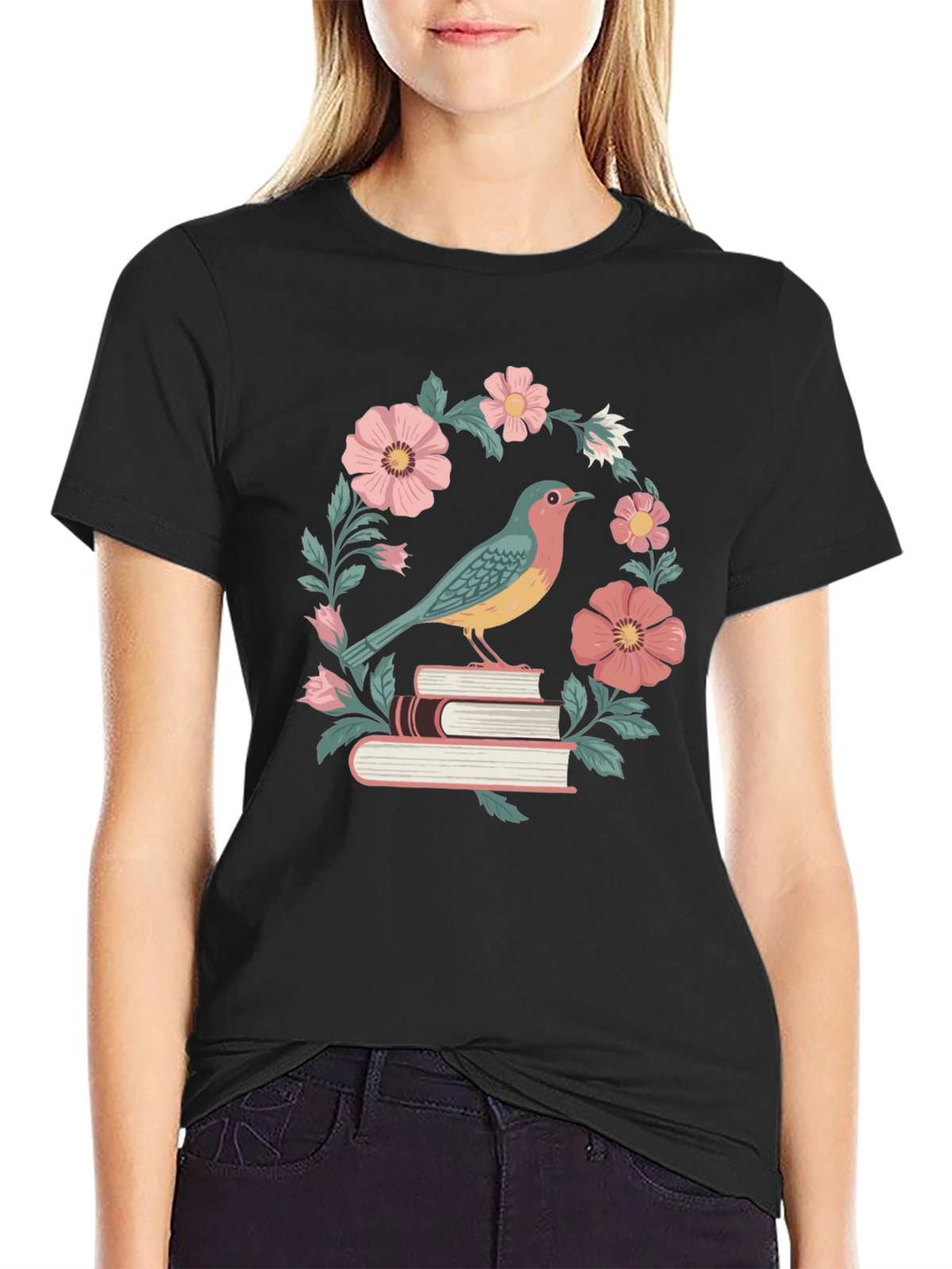 Bird on Books Floral T-Shirt