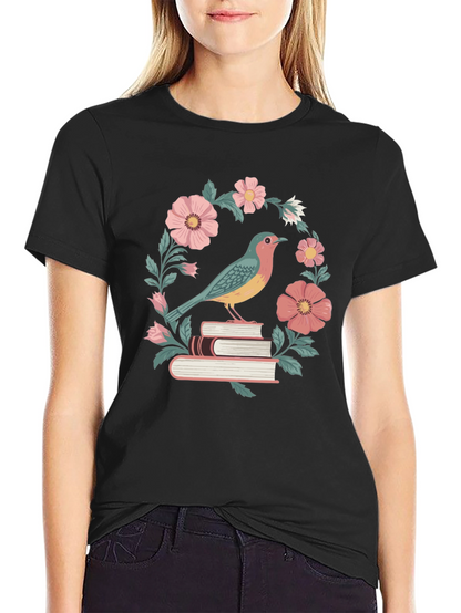 Bird on Books Floral T-Shirt