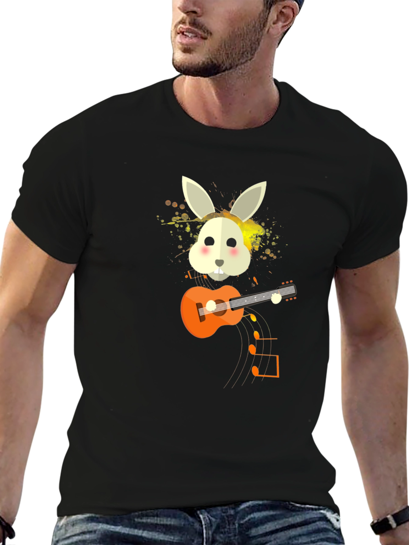 Rabbit Guitar Player Graphic Tee - Unisex Black T-Shirt