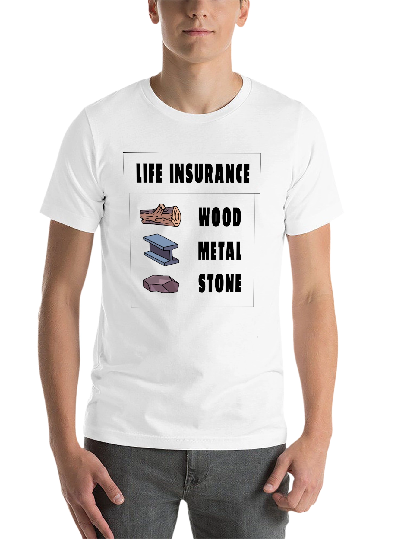 Life Insurance Black T-Shirt Wood Metal Stone Design