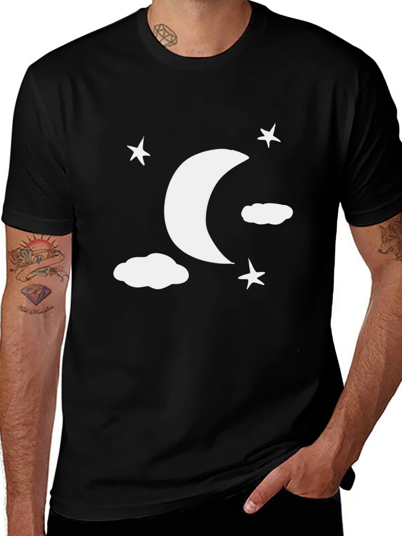 Moon Stars Clouds Graphic Tee - Black Casual Shirt