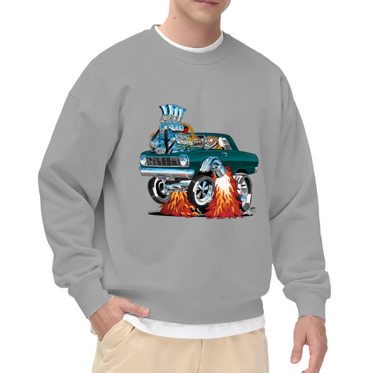 Retro Cartoon Flaming Hot Rod Muscle Car Grey Crewneck Sweatshirt