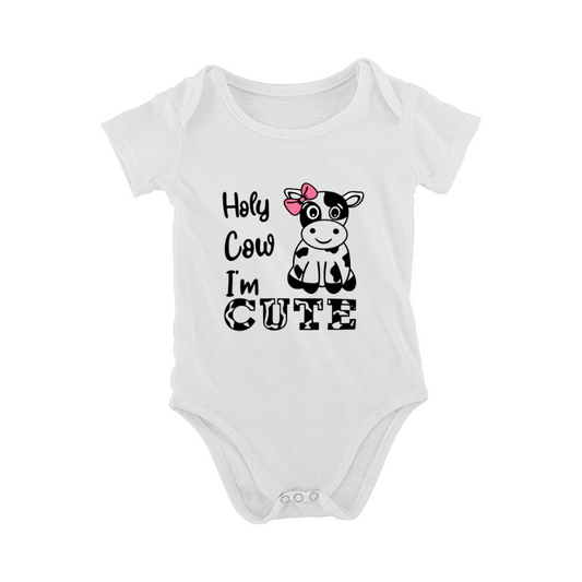 Holy Cow I¡¯m Cute Baby Bodysuit | Bow Spotted Cow Cartoon Print Infant Onesie