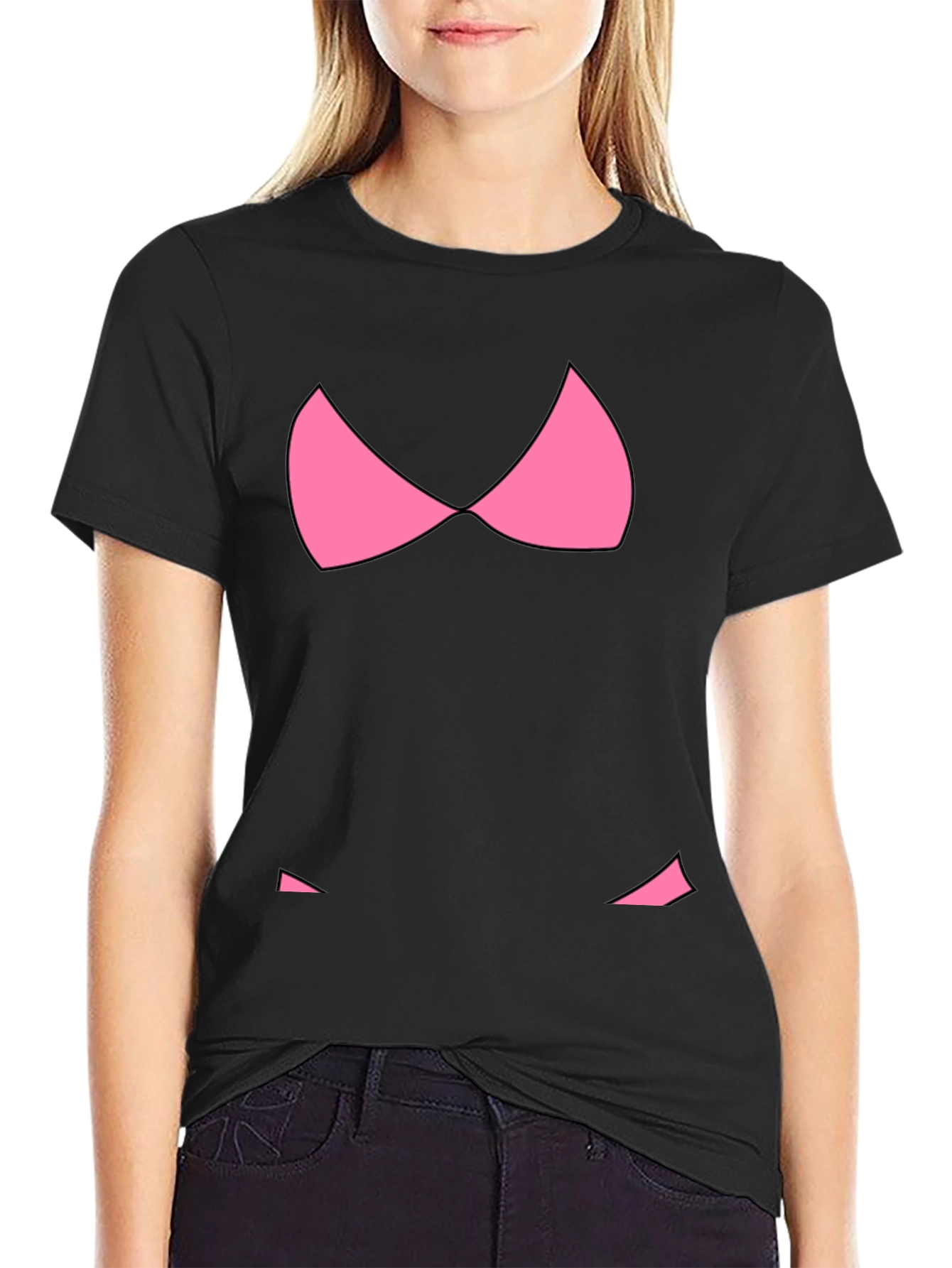 Funny Pink Bikini Top Graphic T-Shirt - Black
