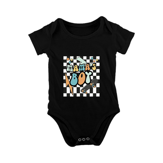 Retro Checkerboard Skateboard Mama's Boy Black Baby Bodysuit, Cool Baby Boy Onesie
