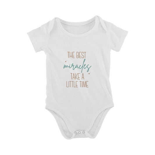 The Best Miracles Take A Little Time Soft Script Baby Onesie, Pregnancy Announcement Outfit