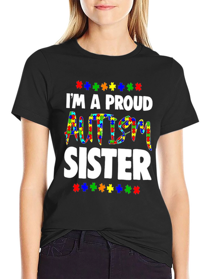 Proud Autism Sister T-Shirt - Puzzle Piece Design