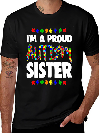 Proud Autism Sister T-Shirt - Puzzle Piece Design