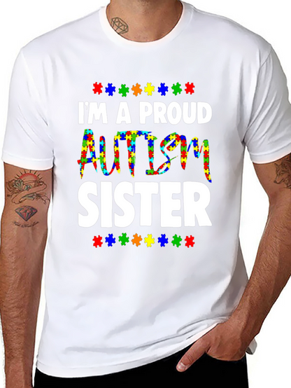 Proud Autism Sister T-Shirt - Puzzle Piece Design