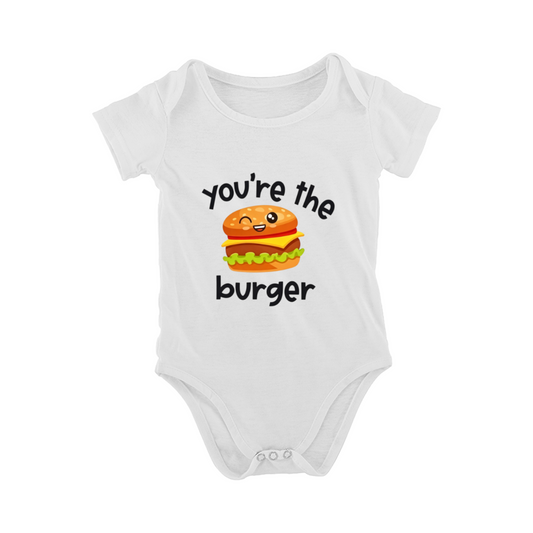 You're The Burger Winking Cartoon Food Print Baby Onesie, Cute Snack Theme Infant Bodysuit