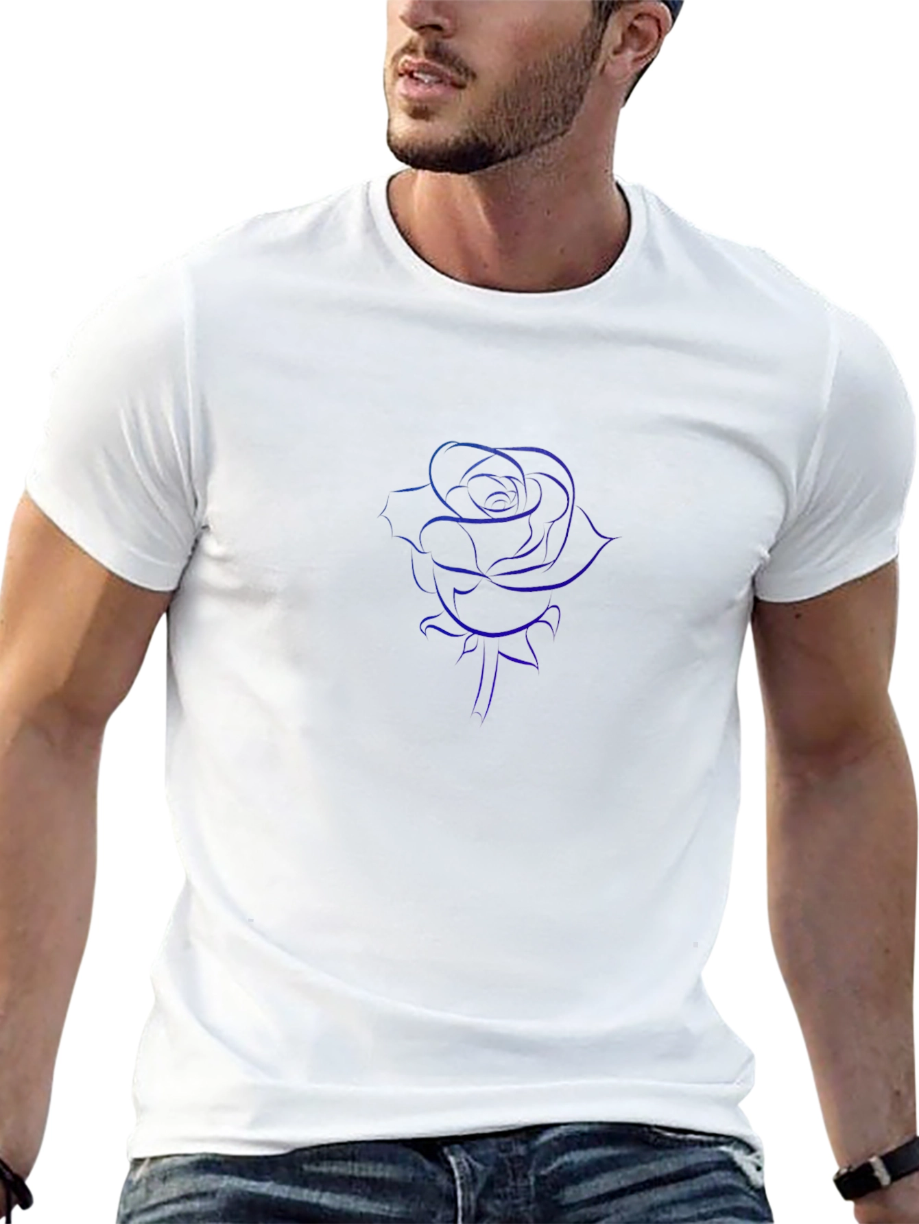 Mens Black T-Shirt with Blue Rose Design