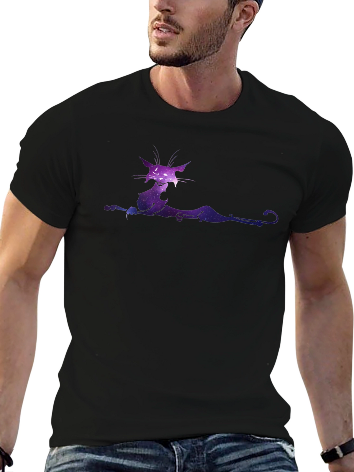 Galaxy Cat Graphic Tee - Black Cotton T-Shirt
