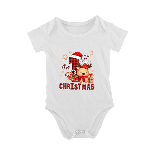 My 1st Christmas Plaid Reindeer Gift Box Cute Newborn Holiday Photo Romper