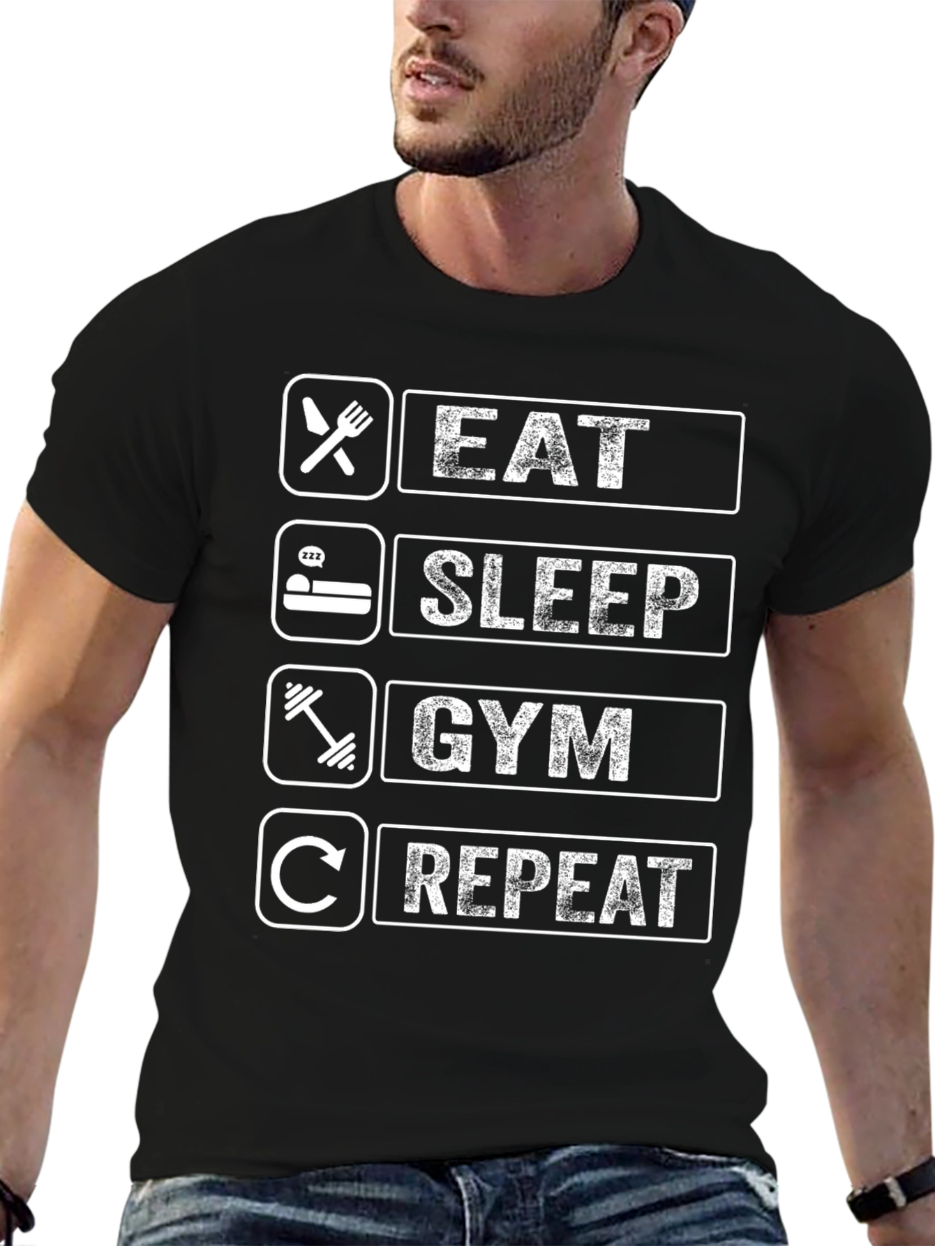 Eat Sleep Gym Repeat Black Graphic Tee