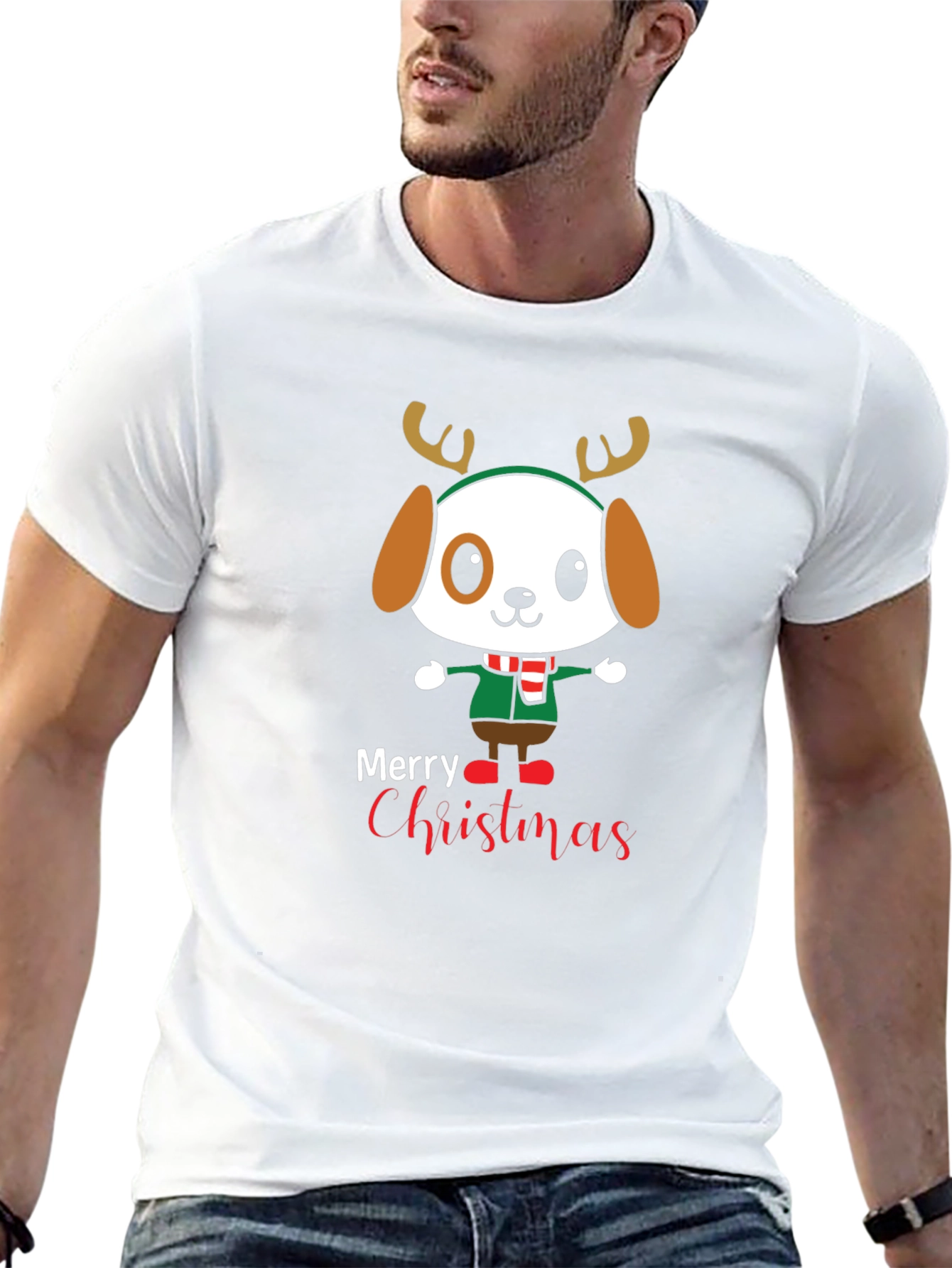 Cute Cartoon Dog Merry Christmas Graphic T-Shirt