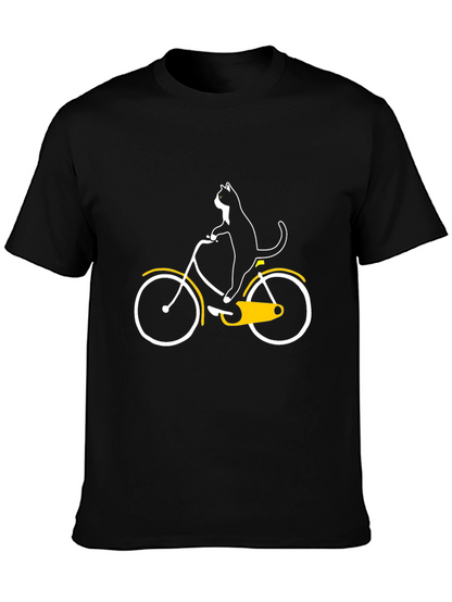 Cat on Bike Graphic Tee - Black Cotton T-Shirt