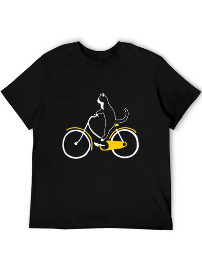 Cat on Bike Graphic Tee - Black Cotton T-Shirt