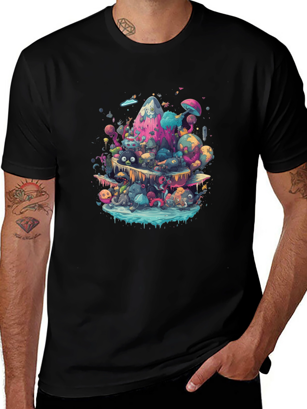 Vibrant Cartoon Creature Graphic Black T-Shirt