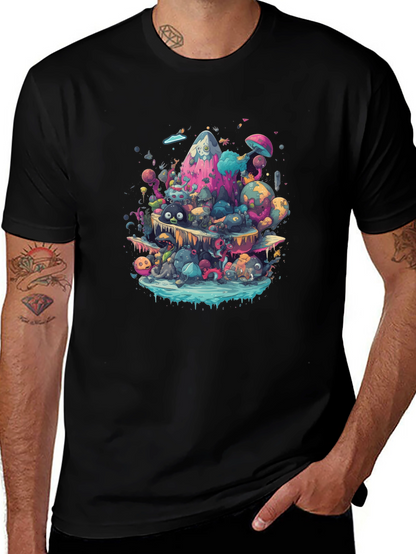 Vibrant Cartoon Creature Graphic Black T-Shirt